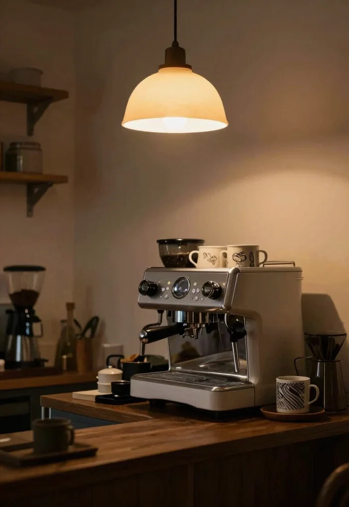 14 Coffee Bar Simple Ideas That Still Look Stylish - 8. Elegant Lighting Fixtures 1