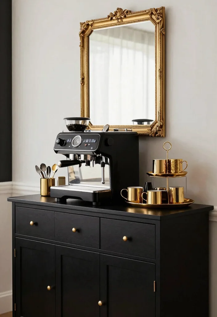 15 Black Coffee Bar Ideas With Bold Modern Edge - 3. Black and Gold Elegance 1