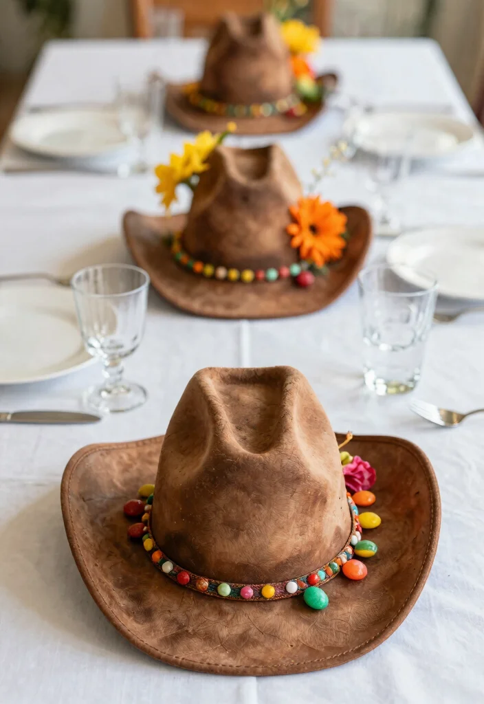 15 Cowgirl Party Decor Ideas With Western Flair - 4. Cowboy Hat Centerpieces 1