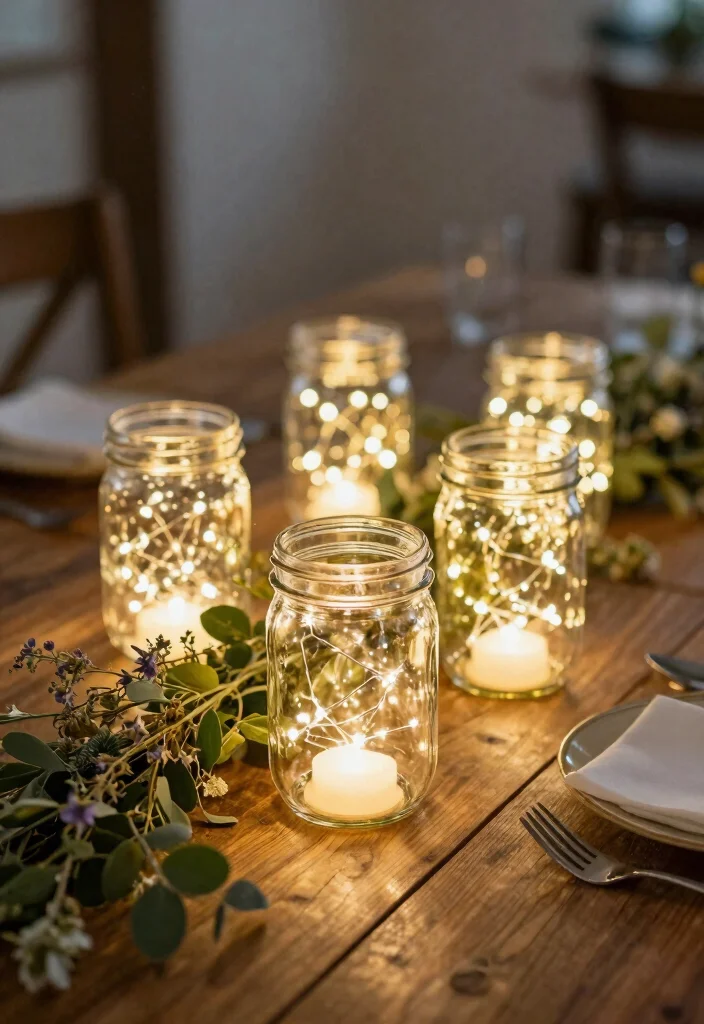 15 Engagement Party Table Decor Ideas With Romantic Glow - 1. Twinkling Fairy Lights in Jars 1