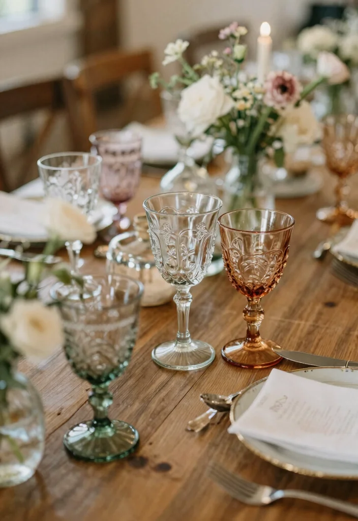 15 Engagement Party Table Decor Ideas With Romantic Glow - 5. Vintage Glassware Accents 1