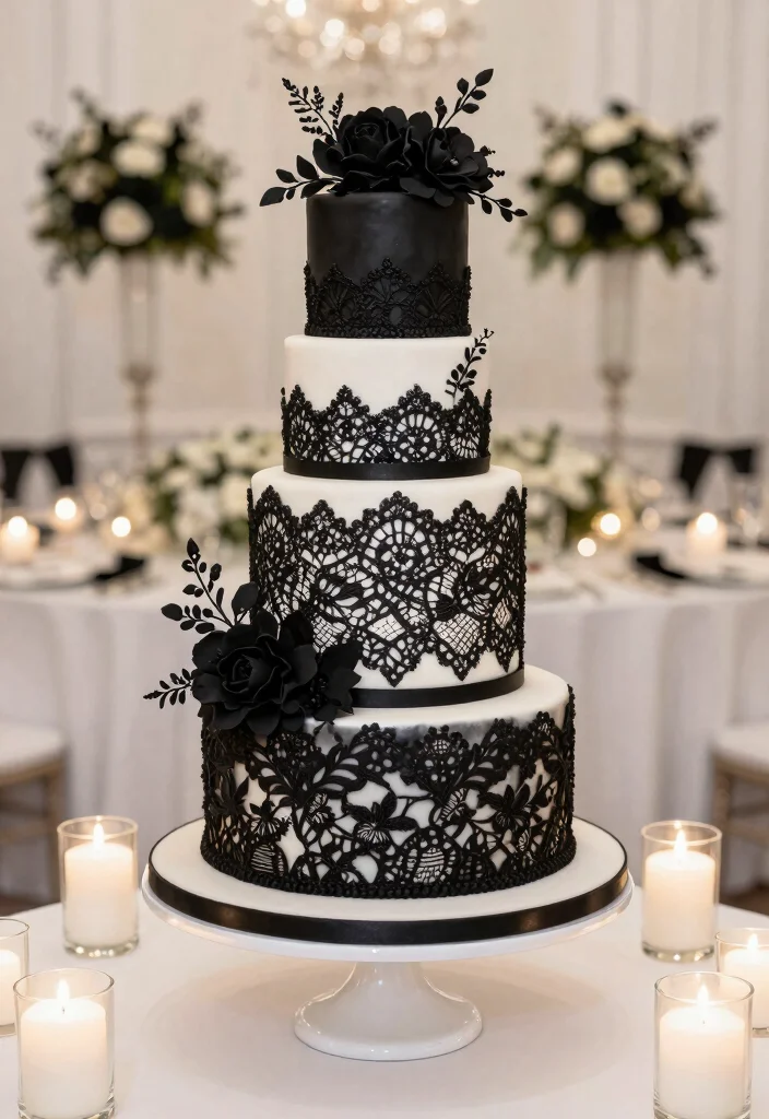 16 Black and White Party Decor Ideas With Classic Contrast 28 16 Black and White Party Decor Ideas With Classic Contrast - 8. Monochrome Wedding Cake 1