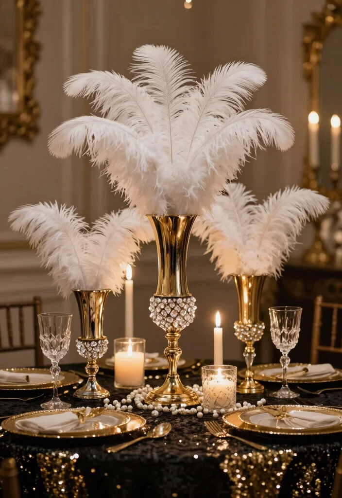 16 Gatsby Decoration Party Ideas With Vintage Glam - 1. Vintage Feather Centerpieces 1