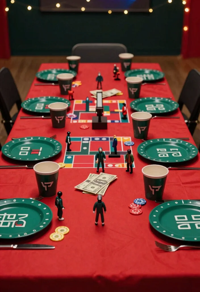 16 Squid Game Theme Party Decor Ideas With Bold Drama - 1. Game-Inspired Table Settings 1