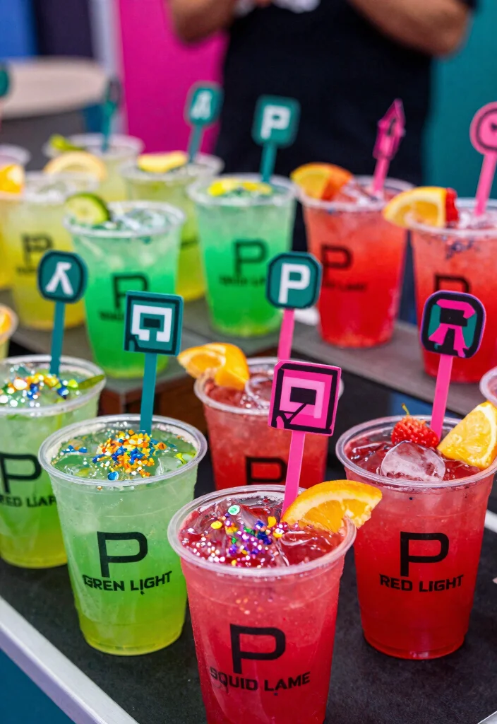 16 Squid Game Theme Party Decor Ideas With Bold Drama - 12. Signature Themed Drinks 1