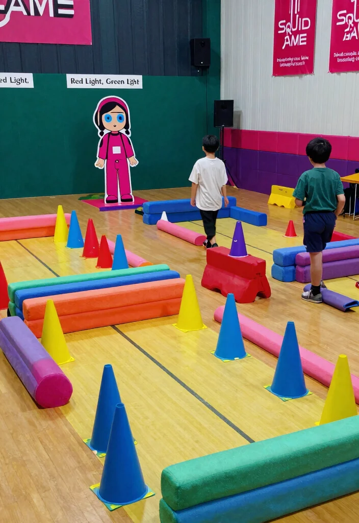 16 Squid Game Theme Party Decor Ideas With Bold Drama - 2. Game Zone Areas 1