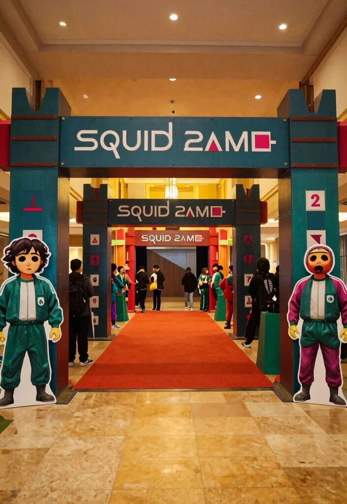 16 Squid Game Theme Party Decor Ideas With Bold Drama - 4. Themed Entrance Decor 1