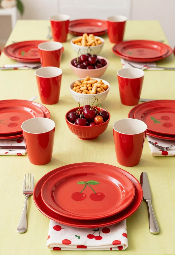 17 Cherry Theme Birthday Party Decoration Ideas With Sweet Touch - 10. Cherry Tableware 1