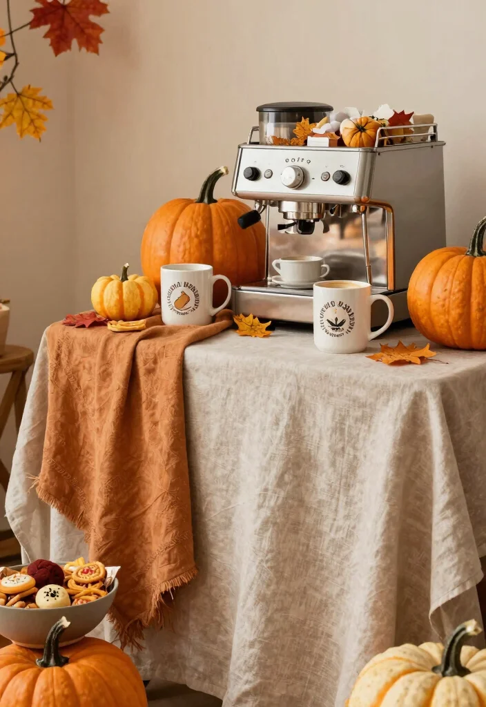 18 Coffee and Snack Bar Ideas That Guests Will Love - 10. Seasonal Decor Coffee Station 1