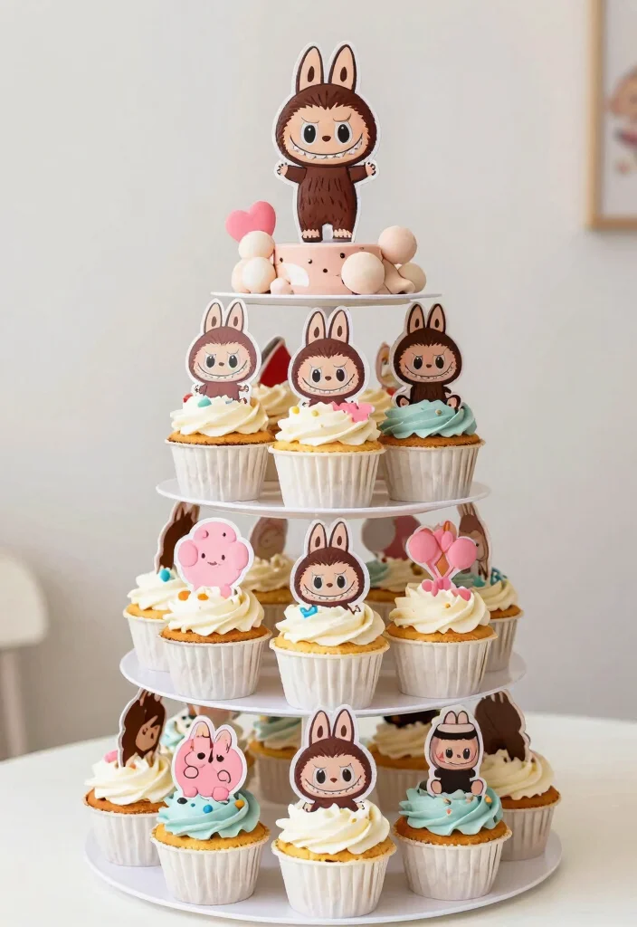 18 Labubu Party Decoration Ideas With Cute Character Style - 5. Playful Cupcake Towers 1