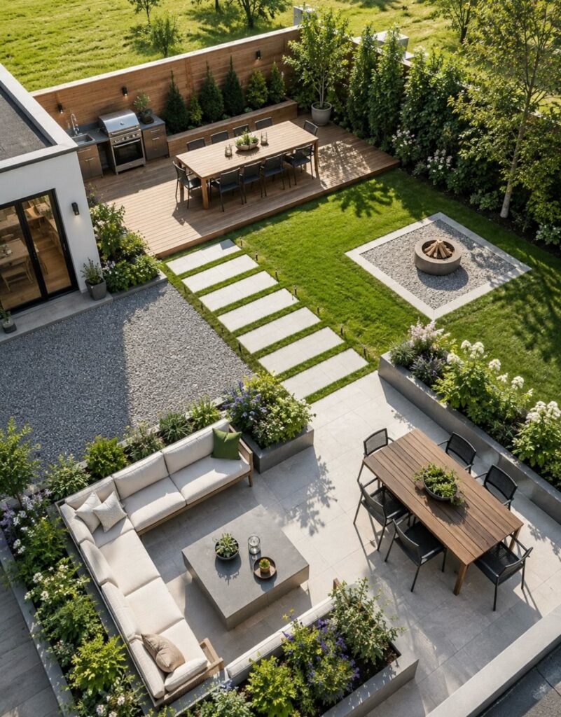 Aerial view of a modern landscaped backyard with multiple outdoor dining and lounge seating areas.
