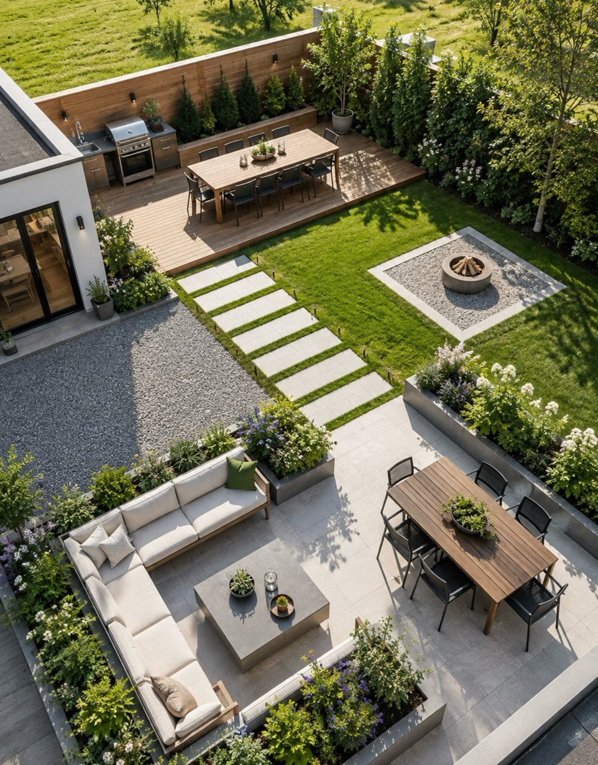 Aerial view of a modern landscaped backyard with multiple outdoor dining and lounge seating areas.
