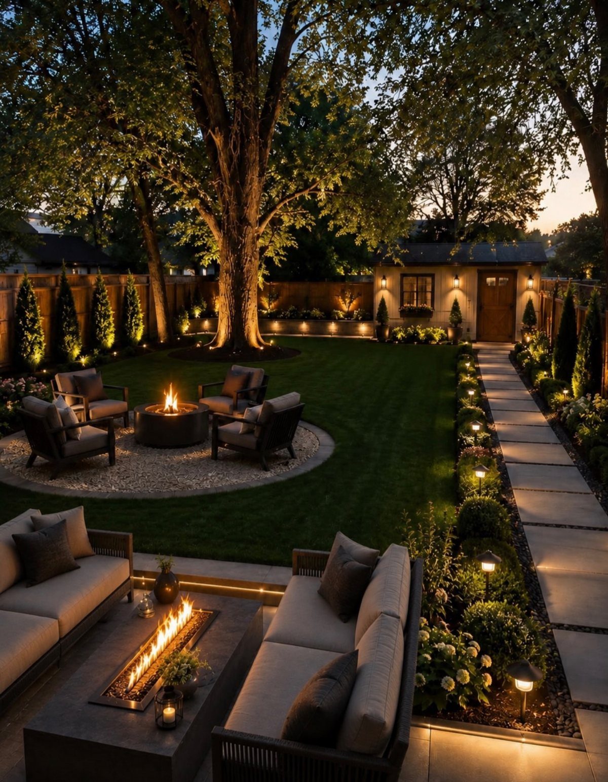 Manicured backyard landscape with a stone path, fire pit, seating areas, and warm ambient lighting at dusk.