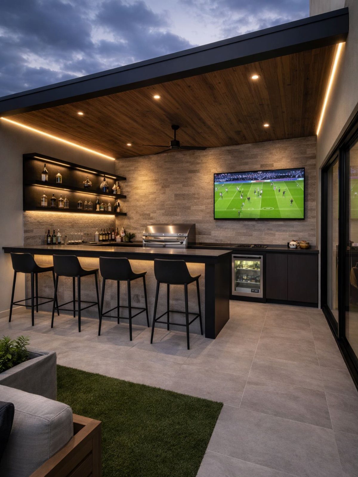 Modern outdoor kitchen with a built-in grill, black bar stools, and a television under a wooden ceiling.