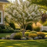 A sunny suburban front yard with a small flowering tree