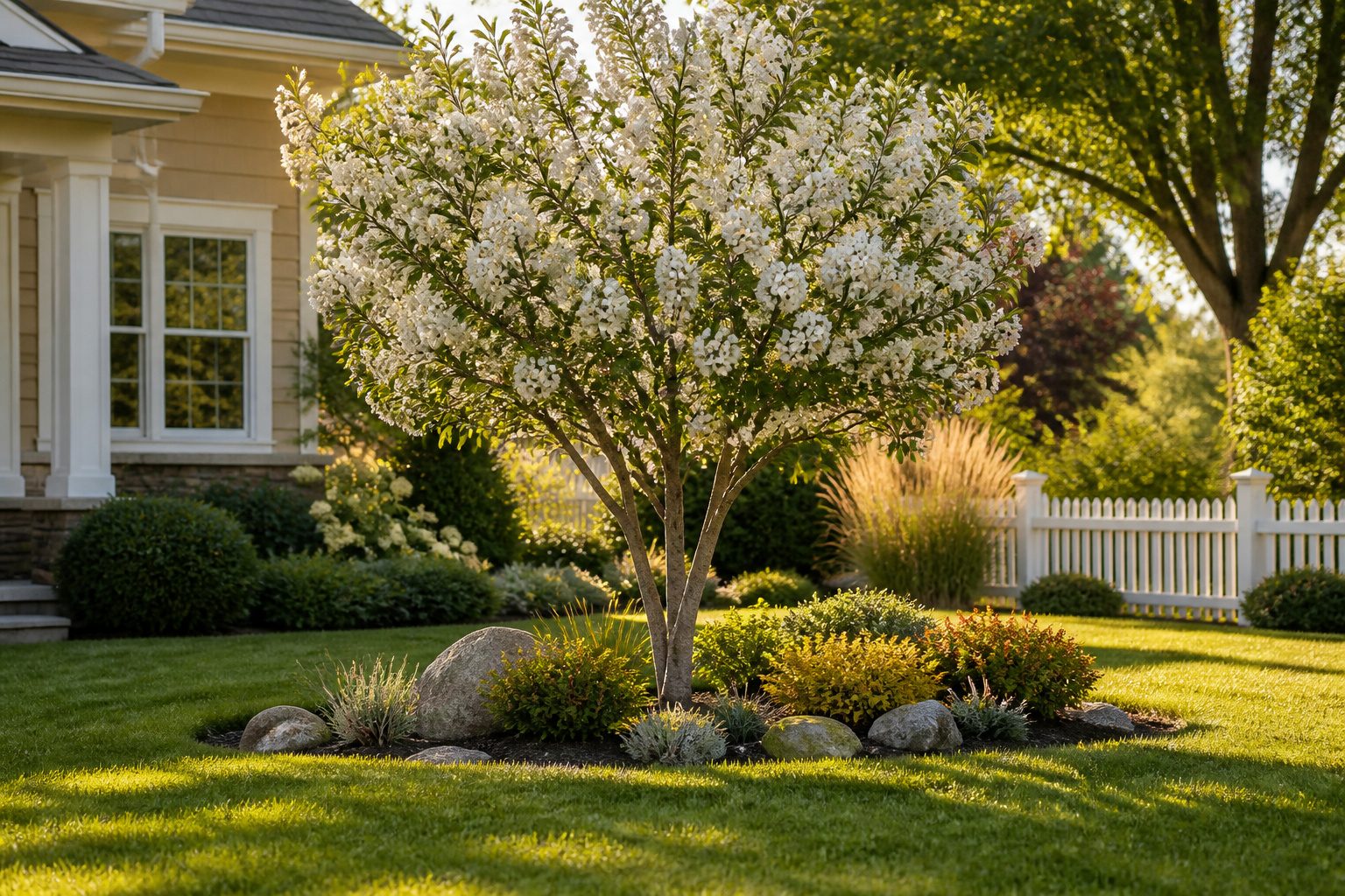 A sunny suburban front yard with a small flowering tree