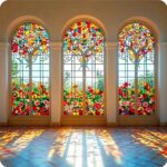 Three arched windows with colorful stained glass depicting trees and flowers, casting light on the floor.