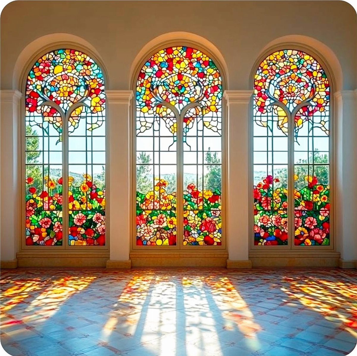 Three arched windows with colorful stained glass depicting trees and flowers, casting light on the floor.