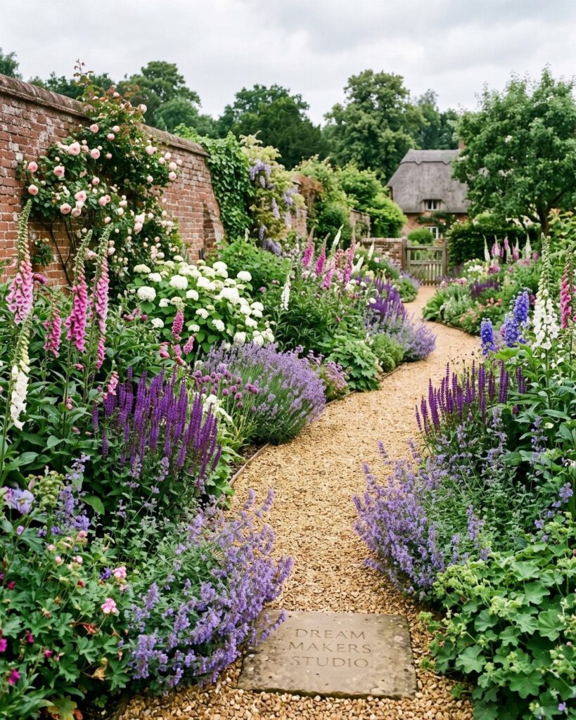 A gravel path winds through a vibrant cottage garden filled with purple, pink, and white flowers.