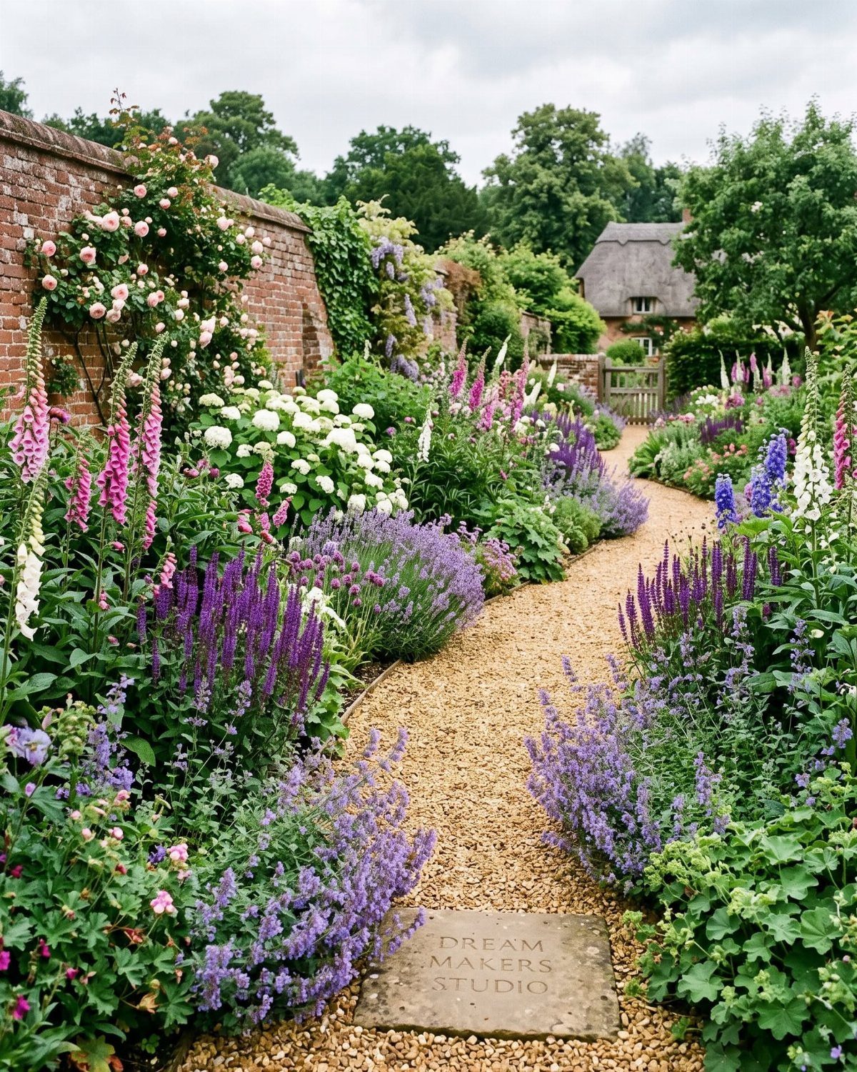 A gravel path winds through a vibrant cottage garden filled with purple, pink, and white flowers.