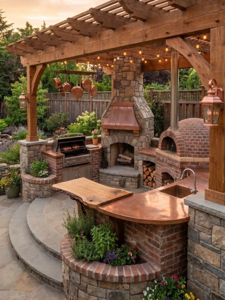 A stone outdoor kitchen with a built-in grill, large fireplace, and pizza oven under a pergola.