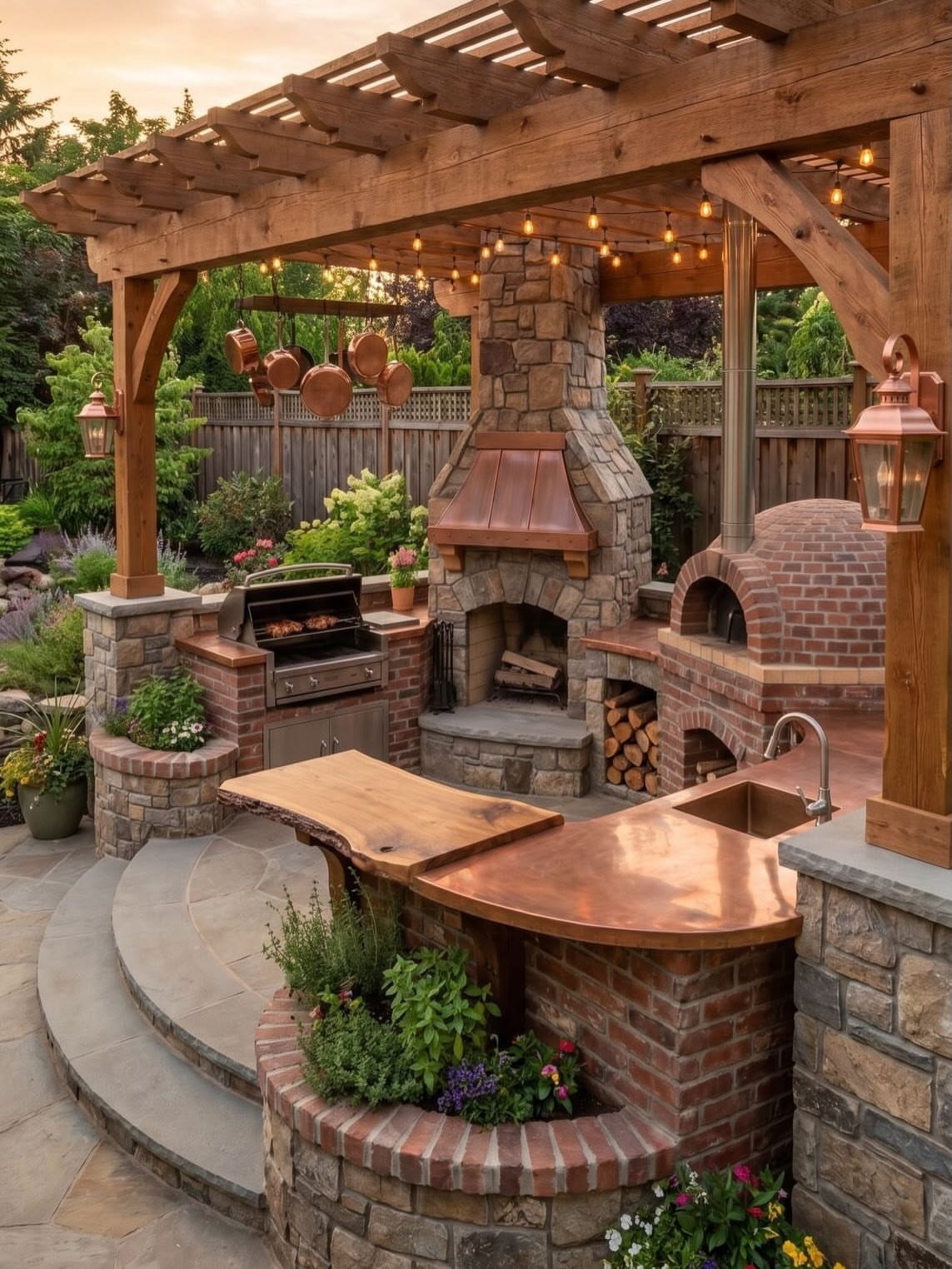 A stone outdoor kitchen with a built-in grill, large fireplace, and pizza oven under a pergola.