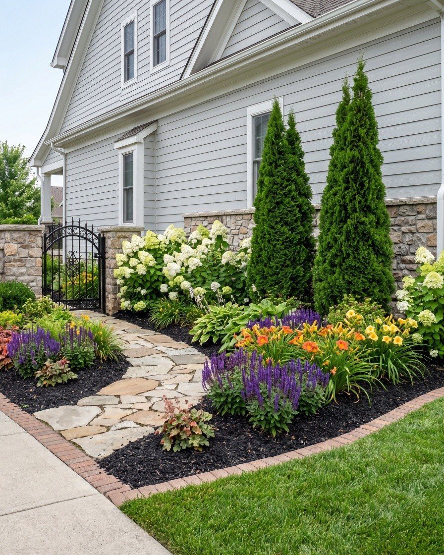 A colorful garden landscape with stone paths, blooming flowers, and evergreen trees beside a grey house.