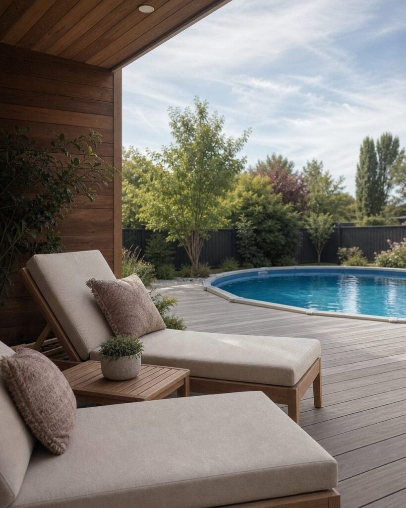 Wooden lounge chairs with beige cushions sit on a deck next to a circular swimming pool.