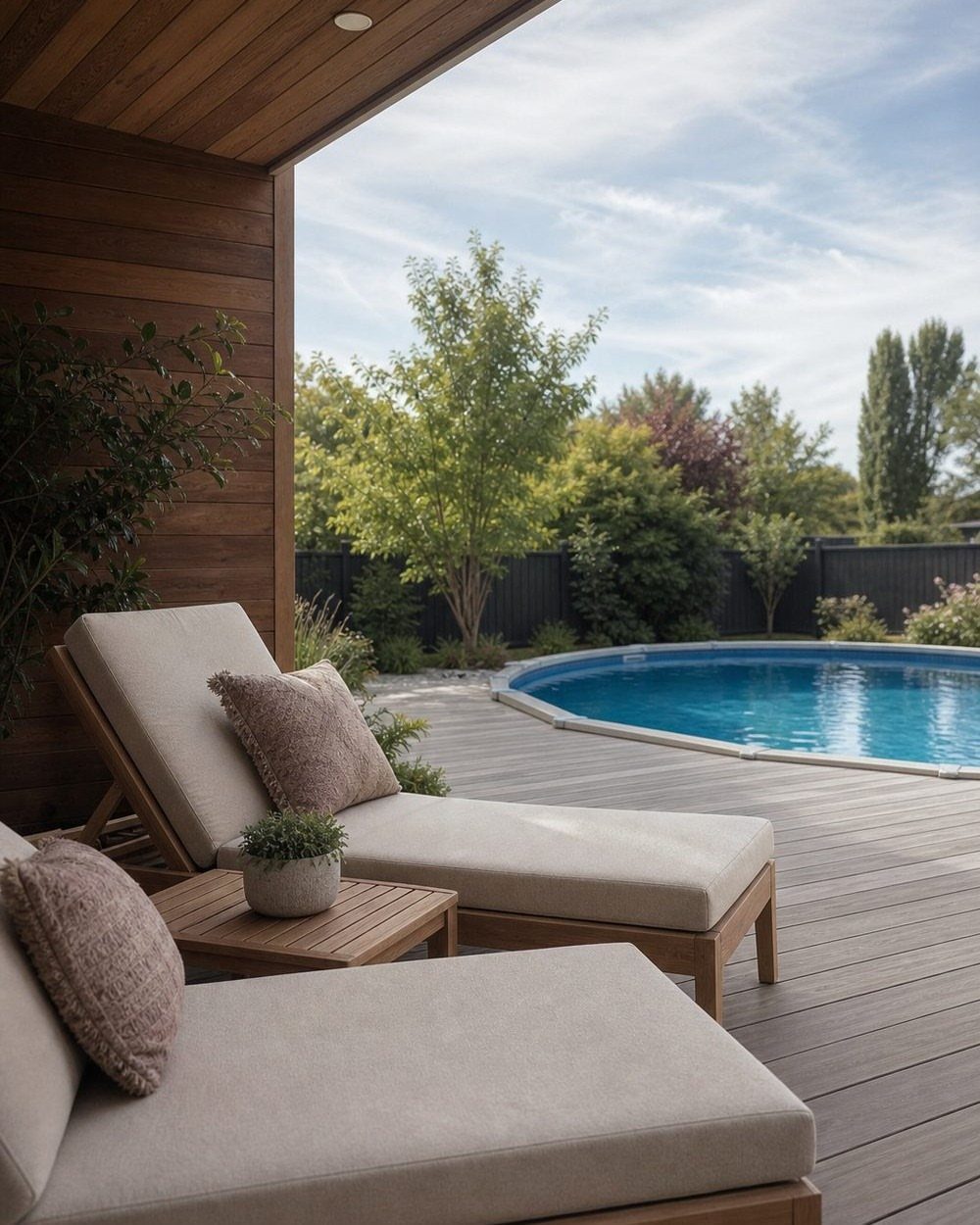 Wooden lounge chairs with beige cushions sit on a deck next to a circular swimming pool.