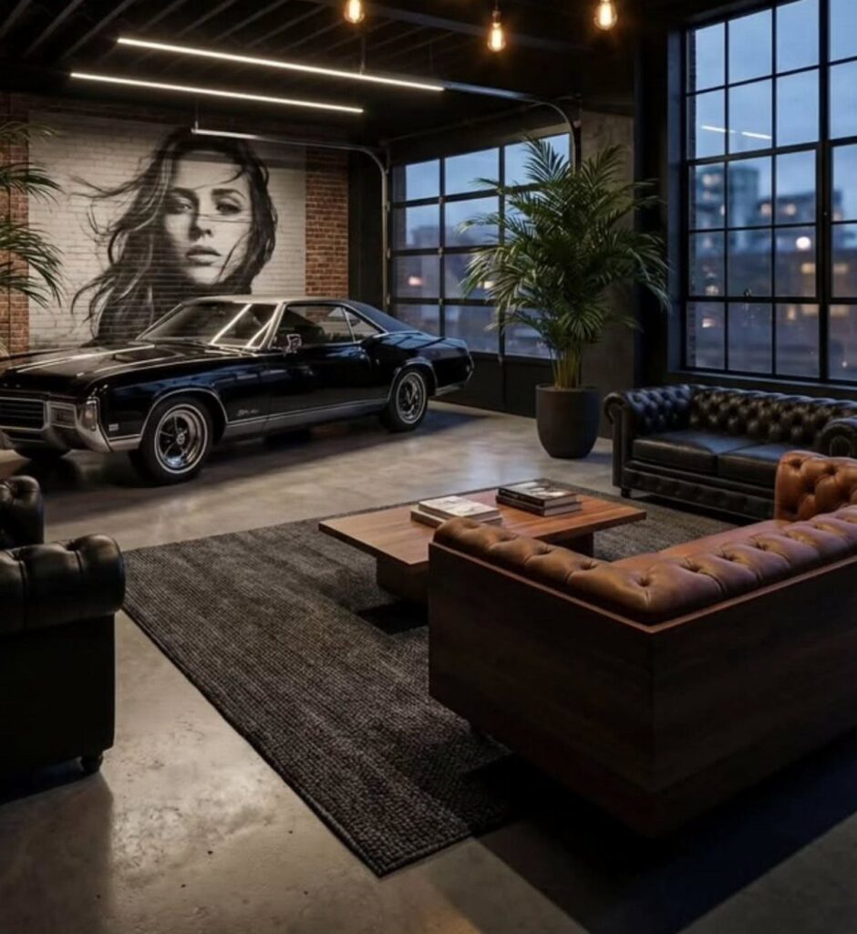 Black vintage muscle car parked in a luxury garage lounge with leather sofas and a mural.