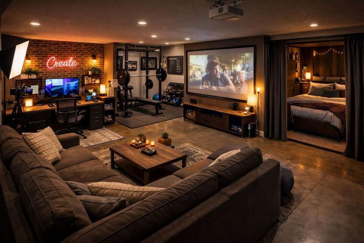 A large multi-purpose basement room with a movie projector screen, sectional sofa, gym equipment, and workspace.