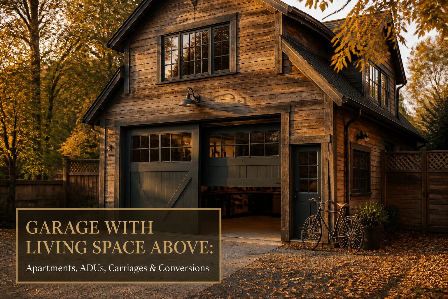 A garage building with a living space on the upper level.
