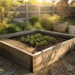 Gardening tools, soil, and plants on a wooden table.