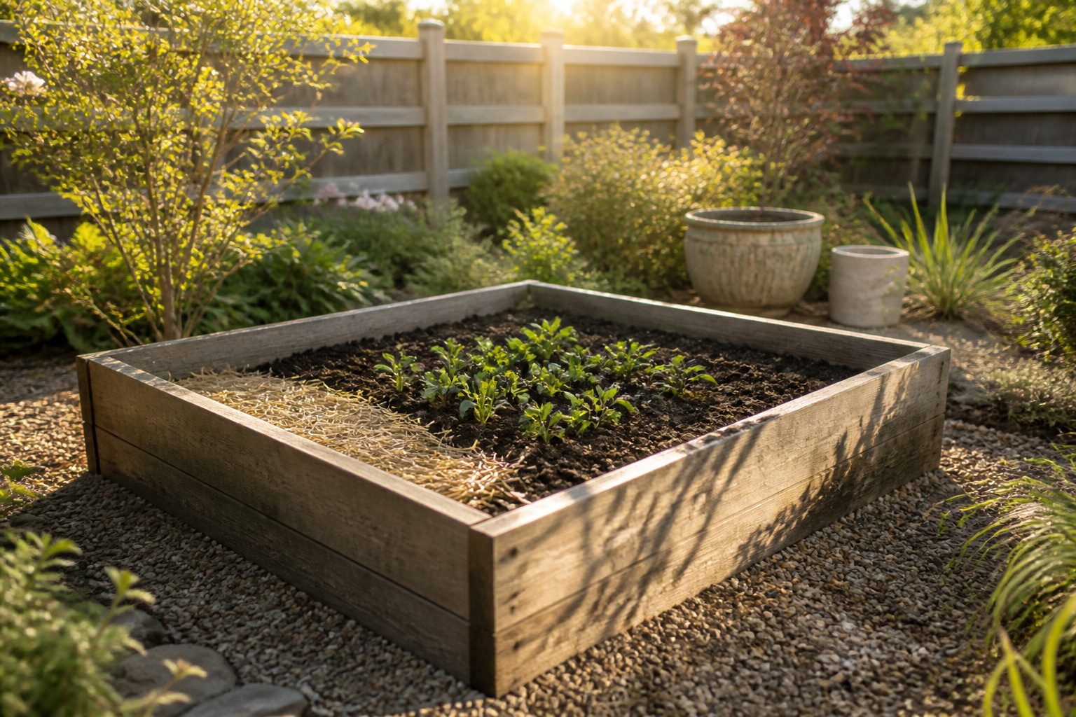 Gardening tools, soil, and plants on a wooden table.
