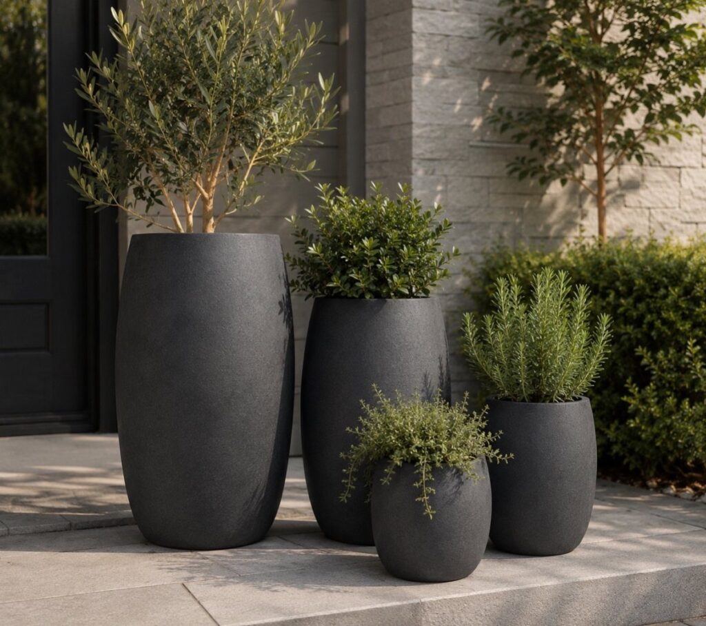 Four dark grey textured planters with green plants arranged on a stone patio outdoors.