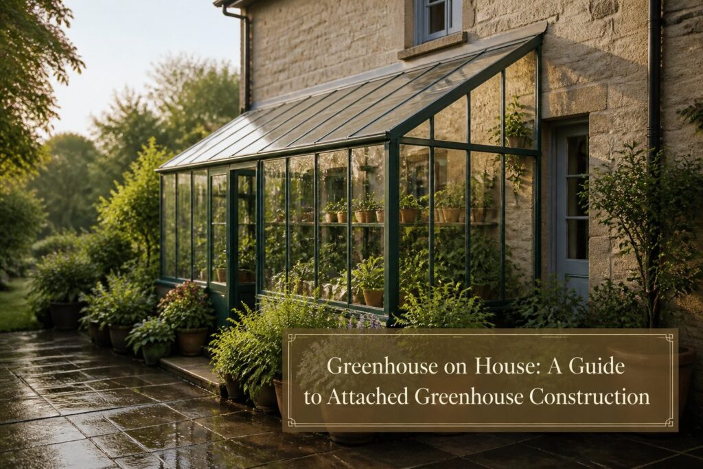 A house with an attached greenhouse, showcasing its structure and design.