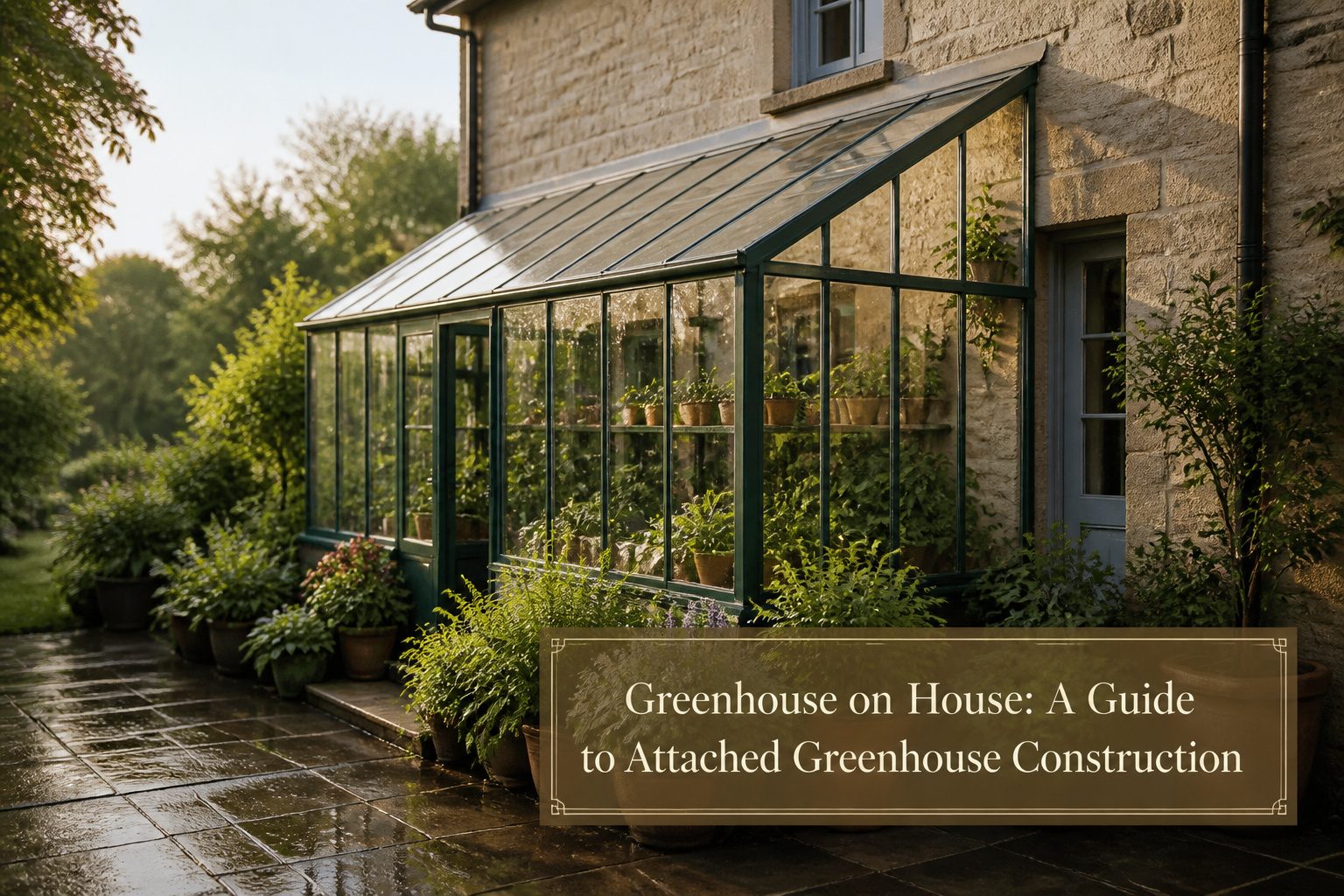 A house with an attached greenhouse, showcasing its structure and design.