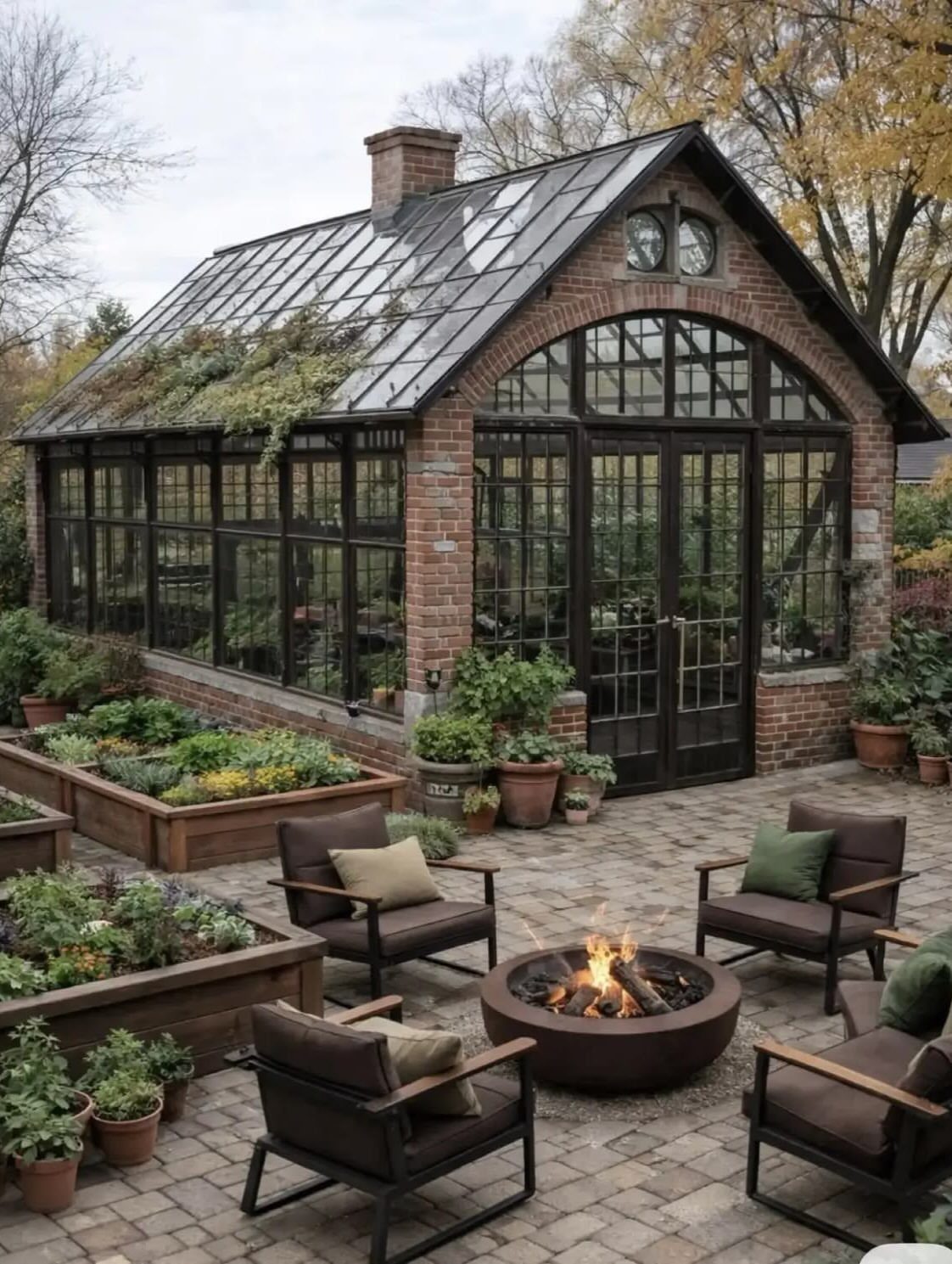 A brick greenhouse with large glass panes sits adjacent to a patio with lounge chairs and a fire pit.