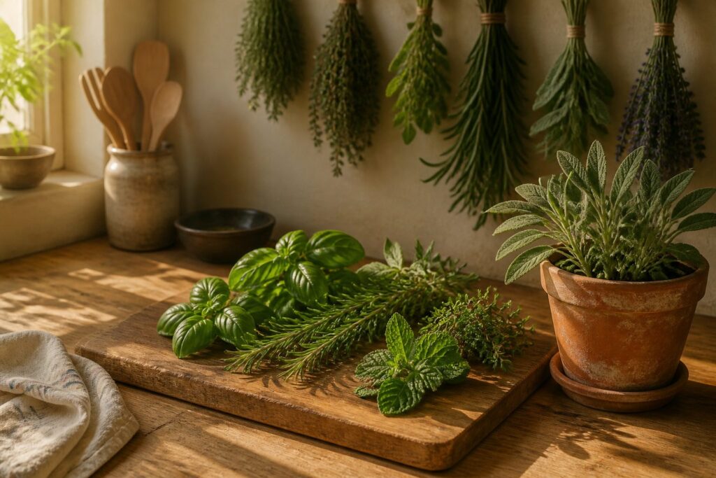 Various herbs growing in a well-maintained garden.