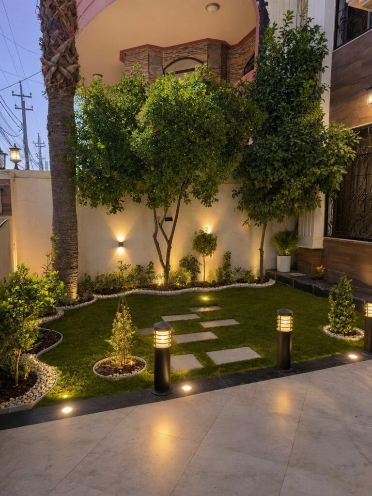 Small landscaped garden with bollard lights and ground lighting illuminating green grass and shrubs.