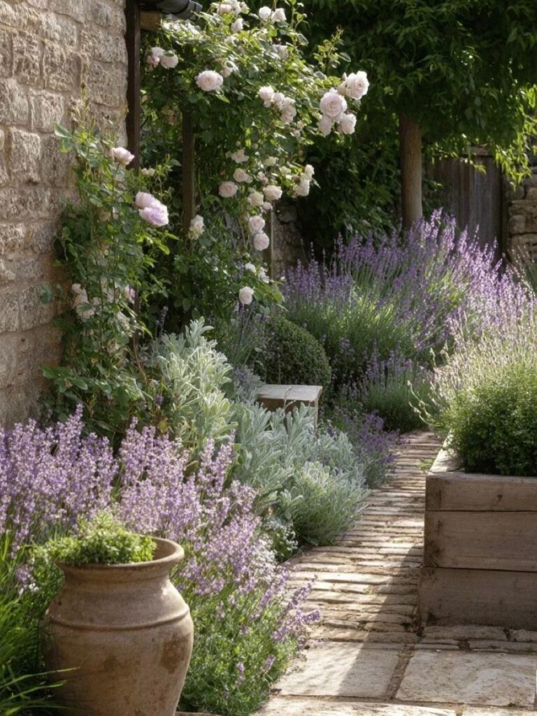 A stone garden path lined with purple lavender, sage, and climbing white roses against a stone wall.