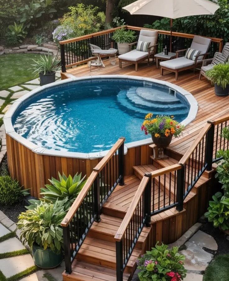 A circular swimming pool surrounded by a wooden deck with lounge chairs and garden plants.