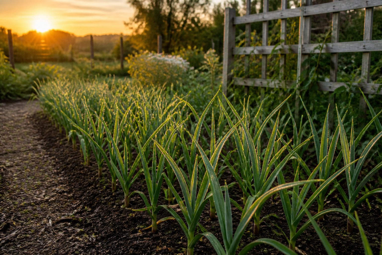 A collage of images depicting various stages of garlic gardening.