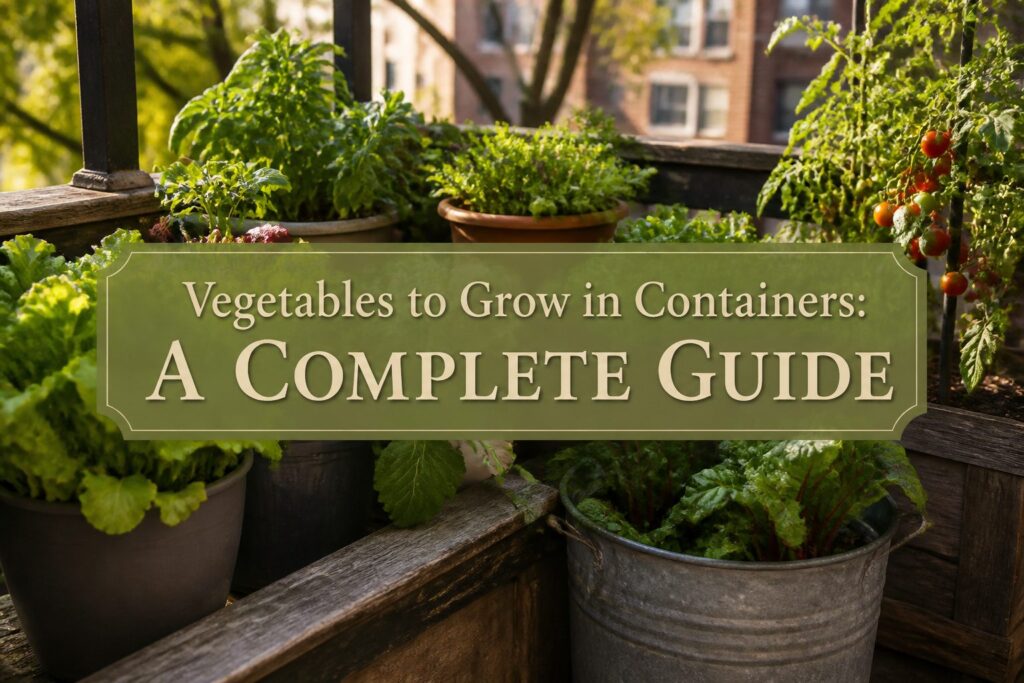 Assorted vegetables in containers on a garden patio.